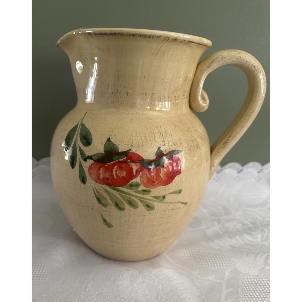 CRATE & BARREL Ceramiche Alfa Pitcher Vase Display Italian Yellow W/ Tomatoes 8"